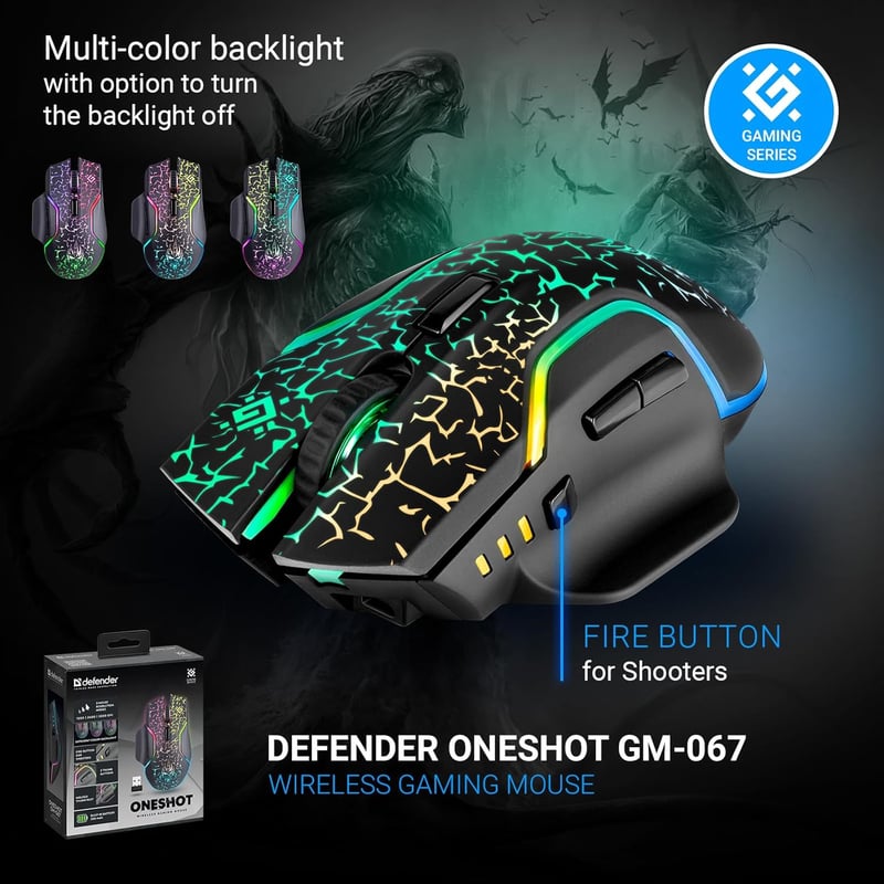 Defender Oneshot vezeték nélküli RGB gamer egér, 3200 DPI, 240 órás akkumulátor, fekete