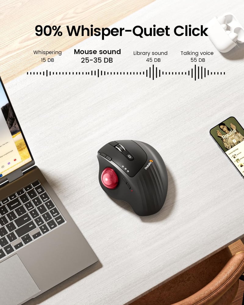 ProtoArc EM01 NL Vezeték Nélküli Trackball Egér - 2.4G USB és Bluetooth, Hüvelykujj Vezérlés, Állítható Szög, 5 DPI Fokozat, Újratölthető, P