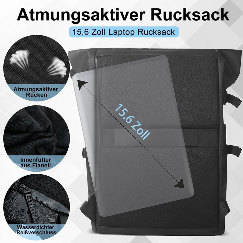 hk Rolltop Vízálló Hátizsák 27L - 15,6" Laptoptartóval, USB Porttal - Könnyű, Lopásbiztos Utazó/Iskolatáska Férfiaknak és Nőknek - Fekete