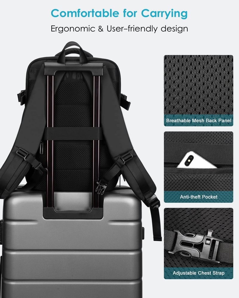 HOMIEE Kézipoggyász Hátizsák 15,6 Hüvelykes Laptophoz - Bővíthető, Lopásbiztos, Vízlepergető Utazó Táska, Repülőgépen Engedélyezett - Black