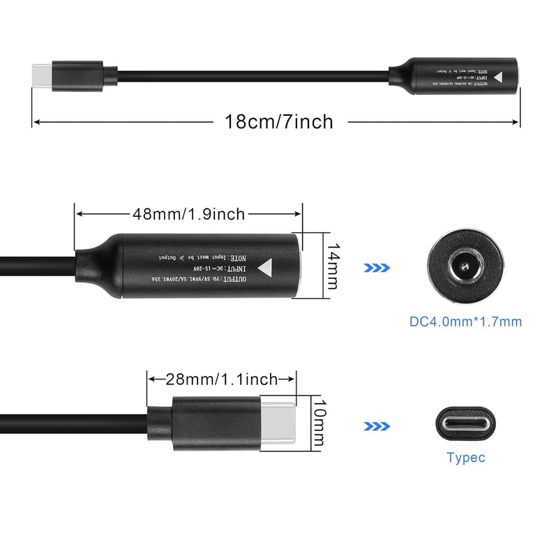 GINTOOYUN 65W PD Töltőkábel DC 4.0x1.7mm - USB-C Átalakító Laptopokhoz, Telefonokhoz, Tabletekhez, 18cm Fekete Univerzális Adapter