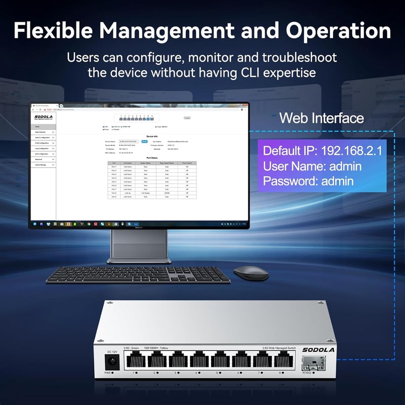 SODOLA 8-Port 2.5Gb Webes Menedzselt Switch 10G SFP+ Porttal - Alumínium Hűtéssel és Mágneses Talpakkal - LACP/QoS/VLAN Hálózati Eszköz Otth