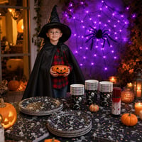 Halloween party set: dječji plašt + 80 LED paukova mreža + 97-dijelni set posuđa + umjetna krv 1