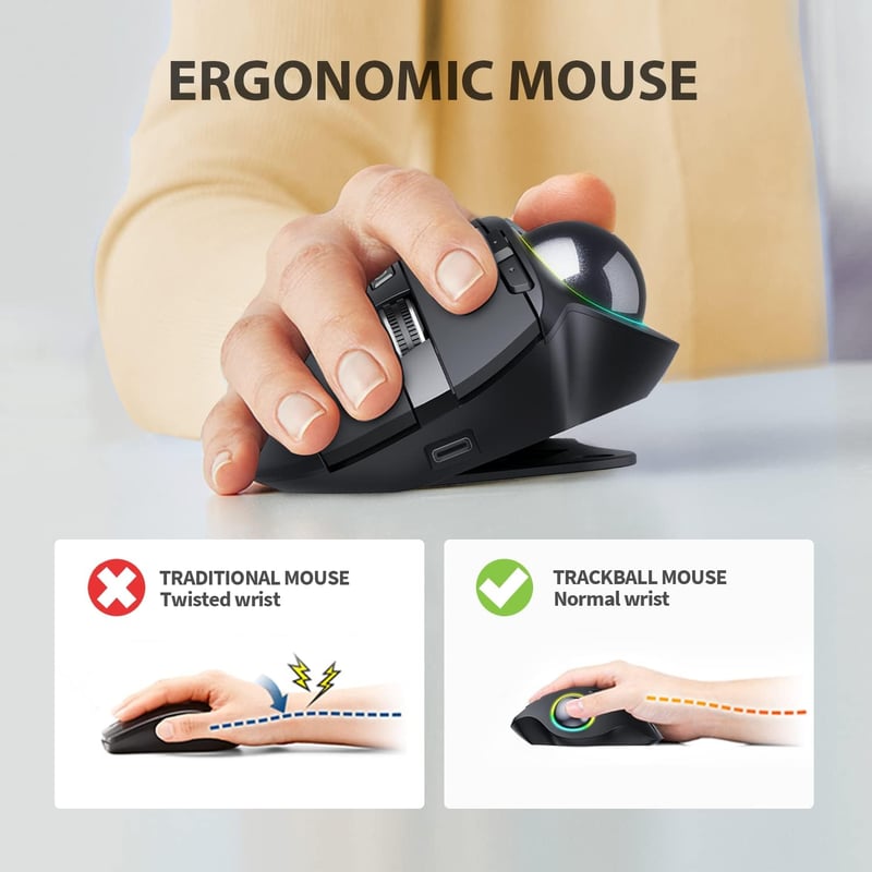 ProtoArc EM01 ergonomikus RGB trackball egér, vezeték nélküli, állítható DPI, újratölthető