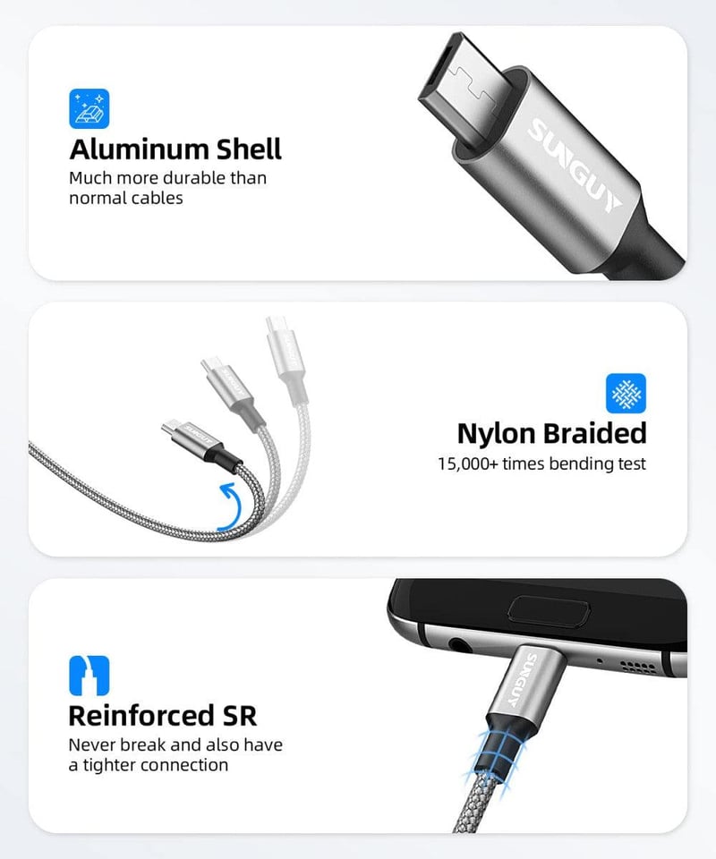 Sunguy 1,5 méteres Micro USB kábel, 3 db-os csomag