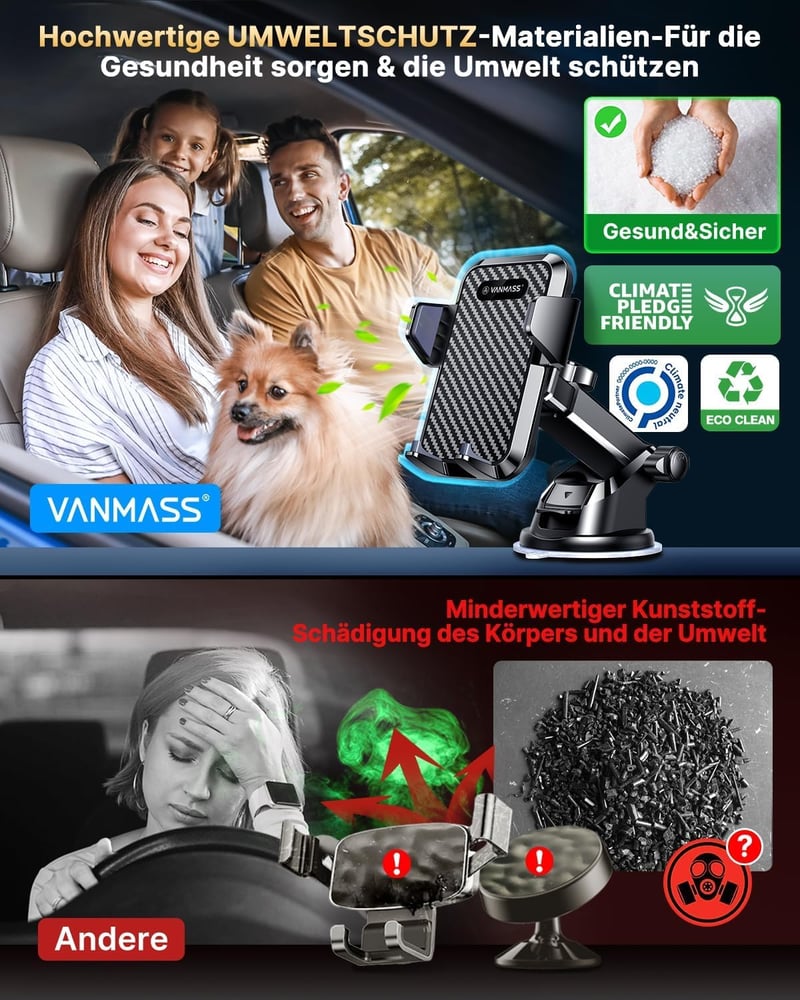 VANMASS Autós Telefontartó, Univerzális Szélvédőre és Szellőzőrácsra, Tapadókorongos, 360° Forgatható, Fekete