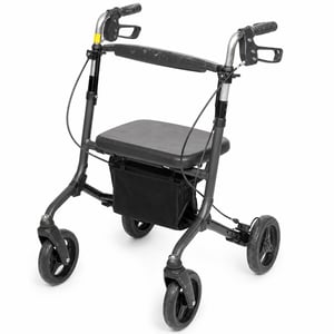 Rollator și cărucior de cumpărături cu scaun Carlett Comfort Assist, gri închis — defect, funcționează parțial: una dintre frâne este deteriorată