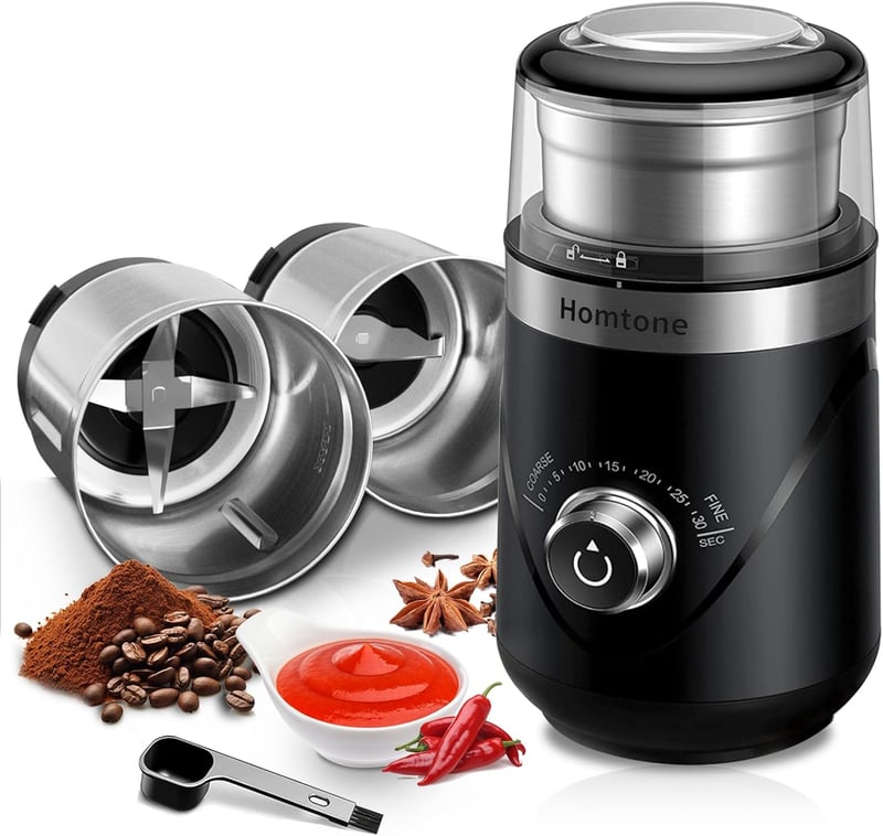 Homtone időzíthető elektromos kávé- és fűszerdaráló, állítható őrlési fokozattal, 2x70g-os tartállyal
