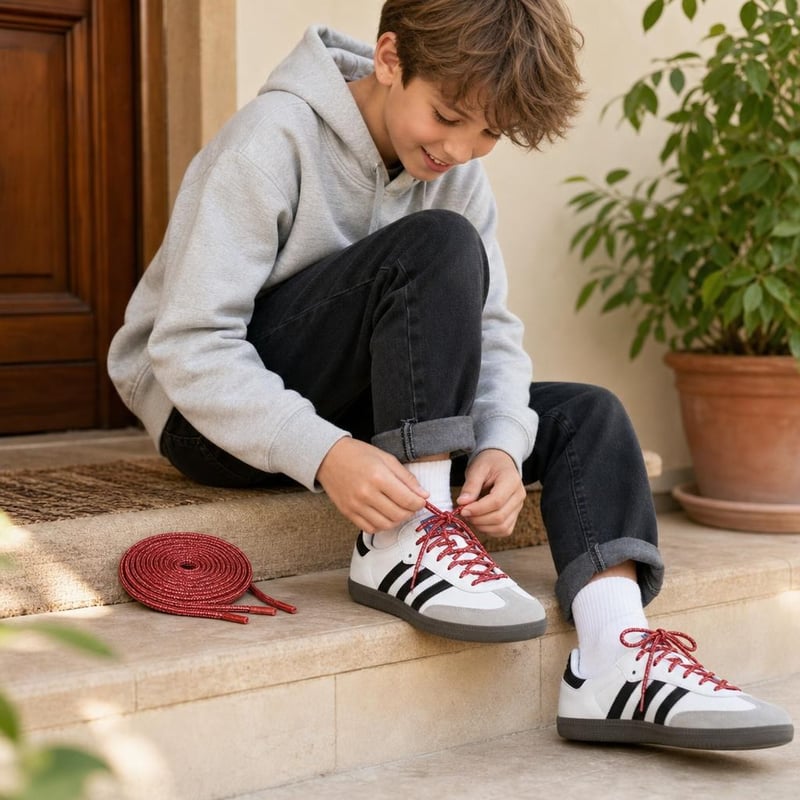 Iskolai menőzés sportcipőcsomag: Adidas Samba OG sportcipő + 2 pár piros csillogó kerek cipőfűző