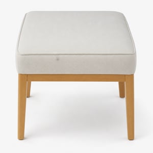Puf pătrat tapițat modern Amazon Basics, culoarea fildeșului, in, picioare în formă de X din lemn masiv — cu pete pe țesătură, produs utilizat