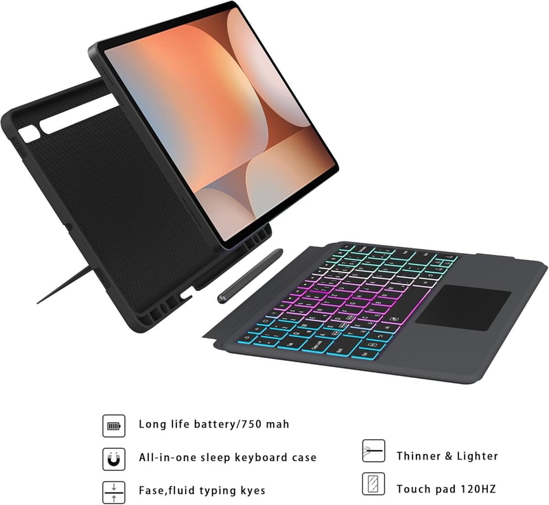 ROOFEI Bluetooth Billentyűzetes Tok Samsung Galaxy Tab S9 FE+/S9+/S10+ 12,4" Tablethez - Levehető RGB Háttérvilágítású QWERTZ Billentyűzet T