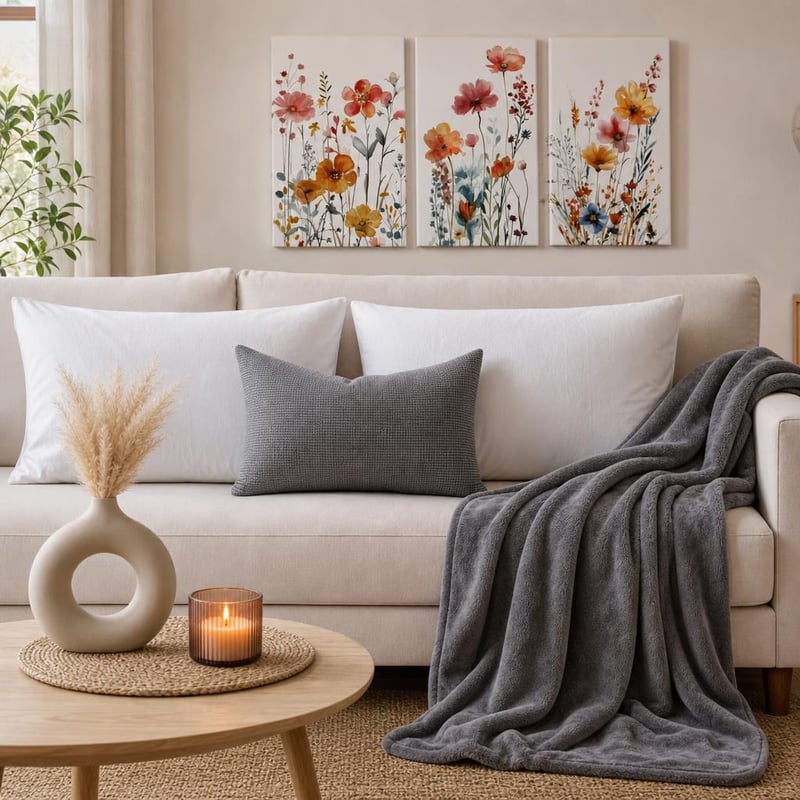 Pachet decor living: 2x husă bambus + husă pernă + pled + vază + tablou