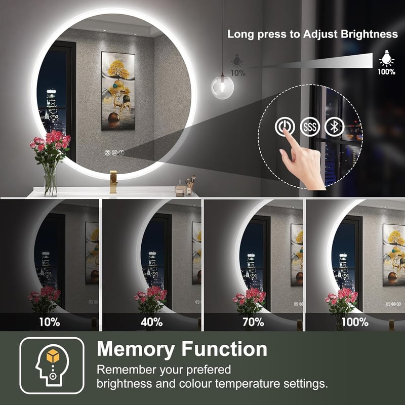 S'bagno 60 cm Kerek LED Fürdőszobai Tükör - Érintésérzékelős, Fényerőszabályozós, Színváltós Világítással és Bluetooth Hangszóróval