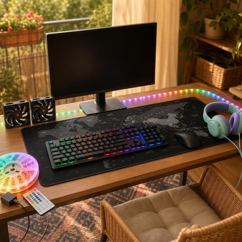 Gamer set: 2x ventilator + QWERTZ tipkovnica + XXL podloga + 10m RGB traka + slušalice