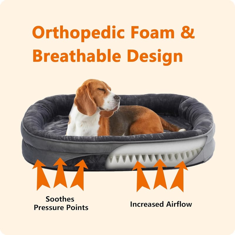 HMTOPE Ortopédiai Kutyaágy - Nagy Méretű Kutyafekhely Négyoldalú Párnázással, Csúszásgátló Aljjal, Levehető Mosható Huzattal, 122x90x19 cm, 