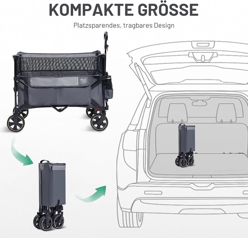 TIMBER RIDGE XXXL Összecsukható Kerti Kézikocsi 225L - Fékezhető Szállítókocsi Állítható Kapacitással, Állítható Fogantyúval, Oldalsó Zsebbel, T