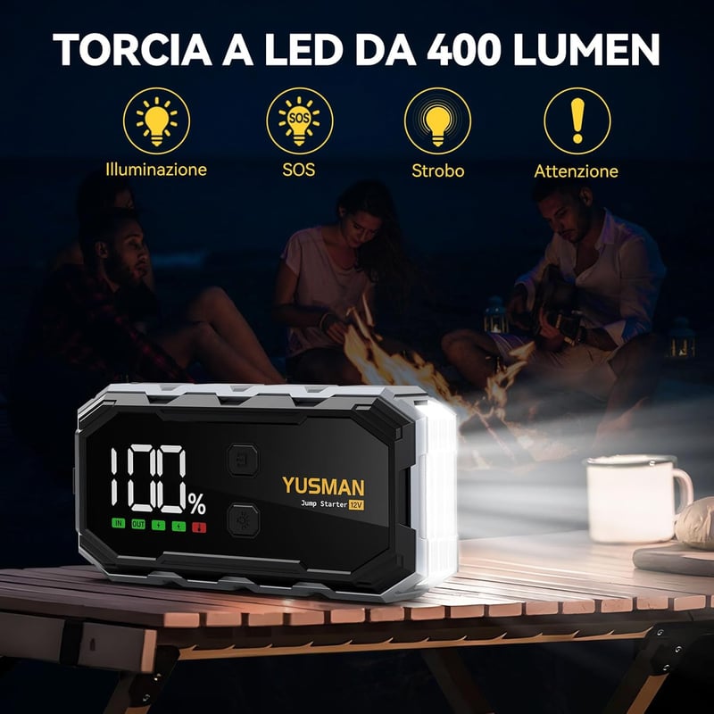YUSMAN 5000A Hordozható Autó és Motor Bikázó - 21800mAh Akkumulátor Indító Minden Benzines és 10.0L Dízel Járműhöz, LED Lámpával, QC3.0 Tölt
