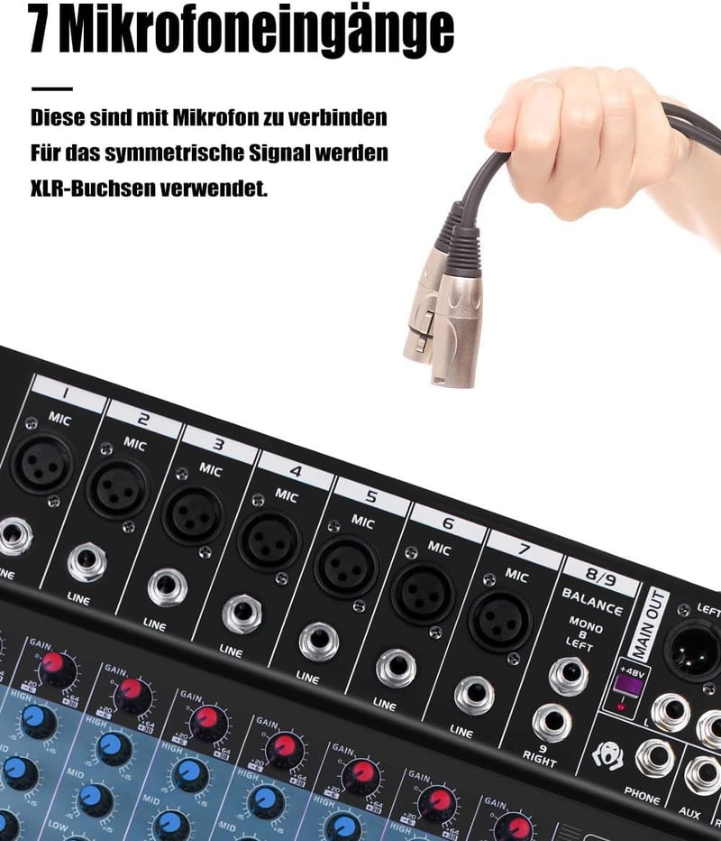 Micfuns 8 Csatornás Professzionális Keverőpult Bluetooth-szal és USB Felvétellel