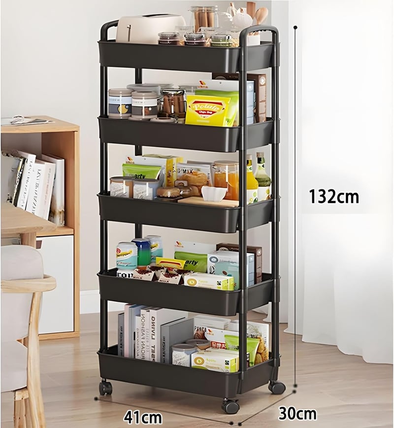 MaxEarn 5 szintes konyhai görgős állvány, 132 cm, fekete, sokoldalú tárolórendszer konyhába, irodába