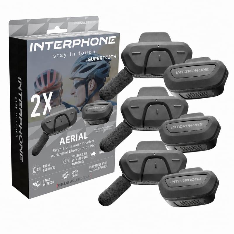 Interphone Aerial Dual Bluetooth biciklistički interkom set za 2 osobe, domet 300 m, stereo zvuk, vodootporan, za kacigu, telefon i reprodukcija glazbe — set od 6 komada