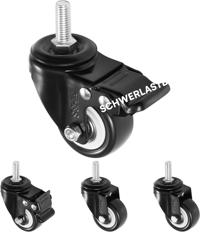 H&S Bútor Görgők M10 Menetes - 4 db Nehéz Teherbírású Forgó Kerék Fékkel - 50 mm PU Gumi Görgők Többféle Felületre