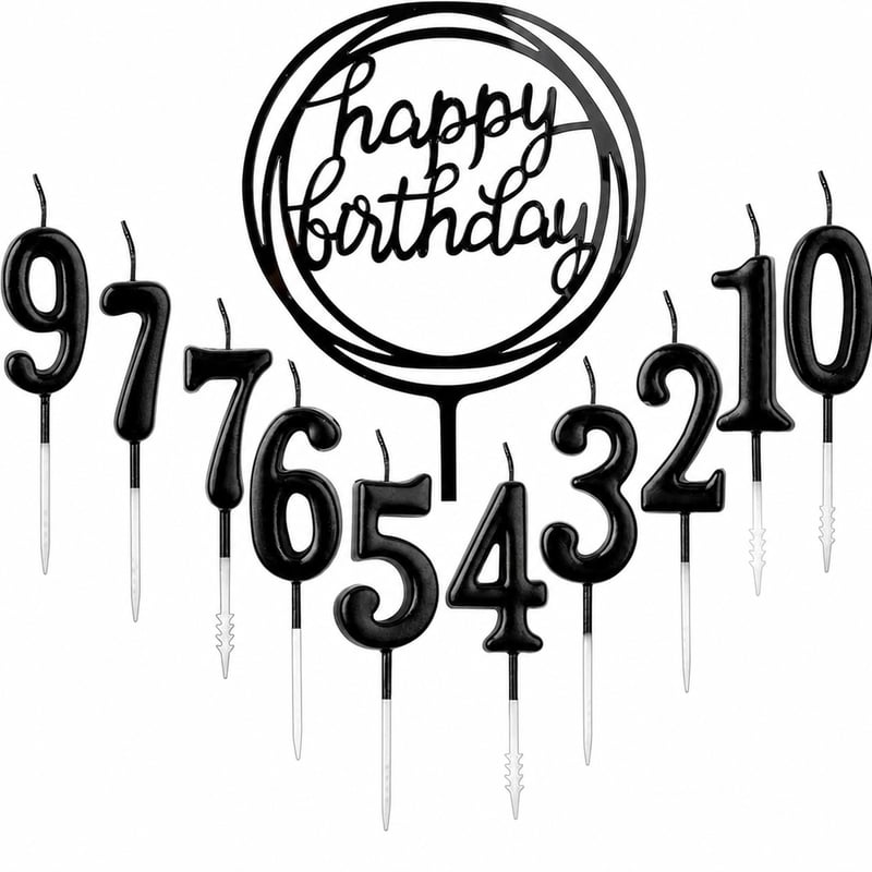 Sada narodeninových sviečok s číslami GOTRUST 0-9 + Happy Birthday — chýbajú čísla 2 a 8 (stav: pozri 2. obrázok)