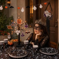 Halloween rémünnep: 24 LED fényfa + tök-szellem molinó + szellem-tök füzér + tiara-maszk + 97 részes terítő 1