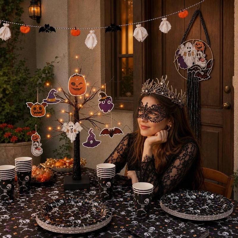 Halloween rémünnep: 24 LED fényfa + tök-szellem molinó + szellem-tök füzér + tiara-maszk + 97 részes terítő