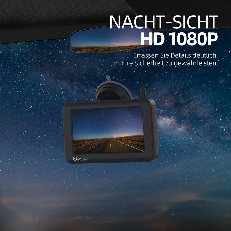 eRapta Mágneses Napelemes Tolatókamera 5" 1080P Monitorral - 9600 mAh Akkumulátor, 1 Perces Telepítés, IP69K Vízálló, 150° Látószög, Vezeték