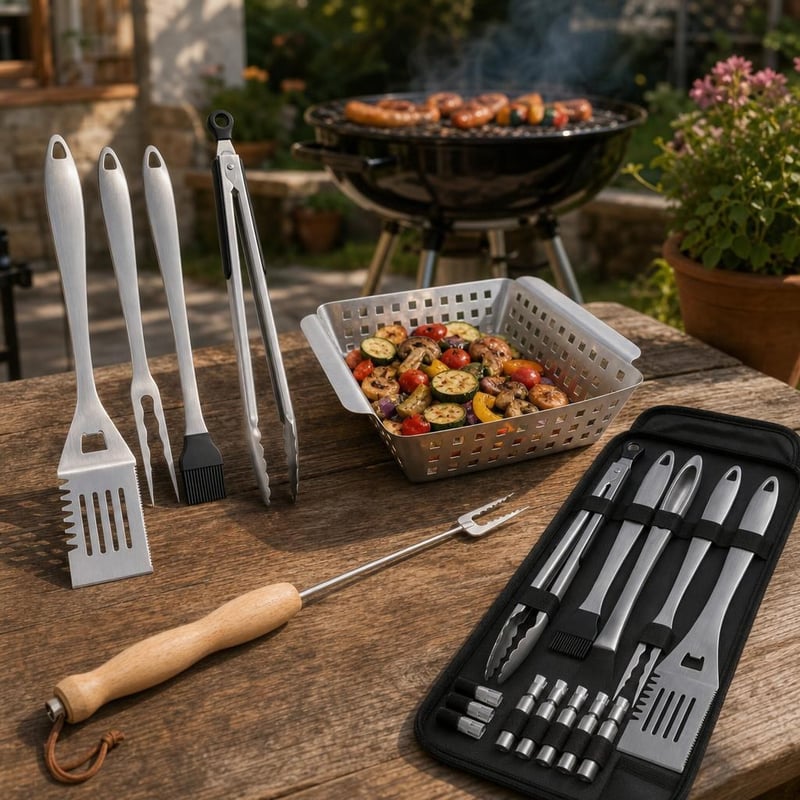Parázsvarázs grillcsomag: 4 részes grillező szett + grillvilla + grillkosár + 33 részes főzőkészlet