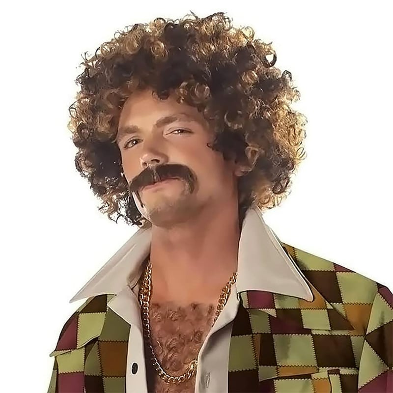 Retro 70-es évek Disco Férfi Paróka Szett - Szőke-Fekete Göndör Afro, Nyaklánccal és Bajusszal