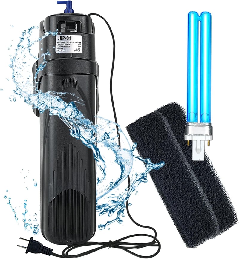 BootyBay JUP-01 UV Akvárium Szűrő 150-300 Literes Medencékhez, 800L/h Belső Vízszűrő Pumpa Zöld Alga Eltávolítóval, 9W UV Lámpával és 2 Póts