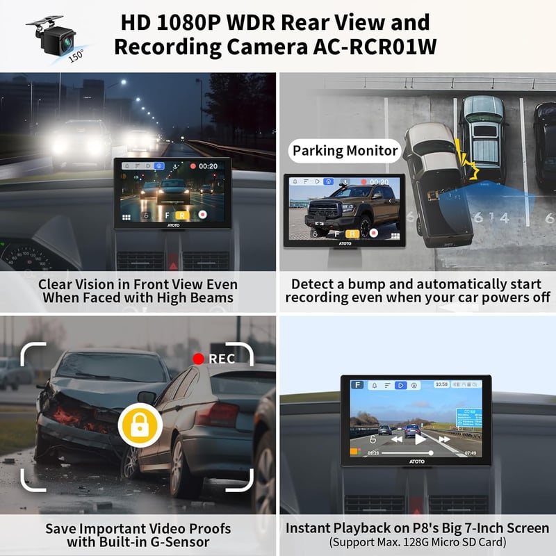 ATOTO P8 Hordozható 7" QLED Autós Navigáció 1080P Tolatókamerával, Vezeték Nélküli CarPlay és Android Auto, Távirányítás, Automata Fényerő, 