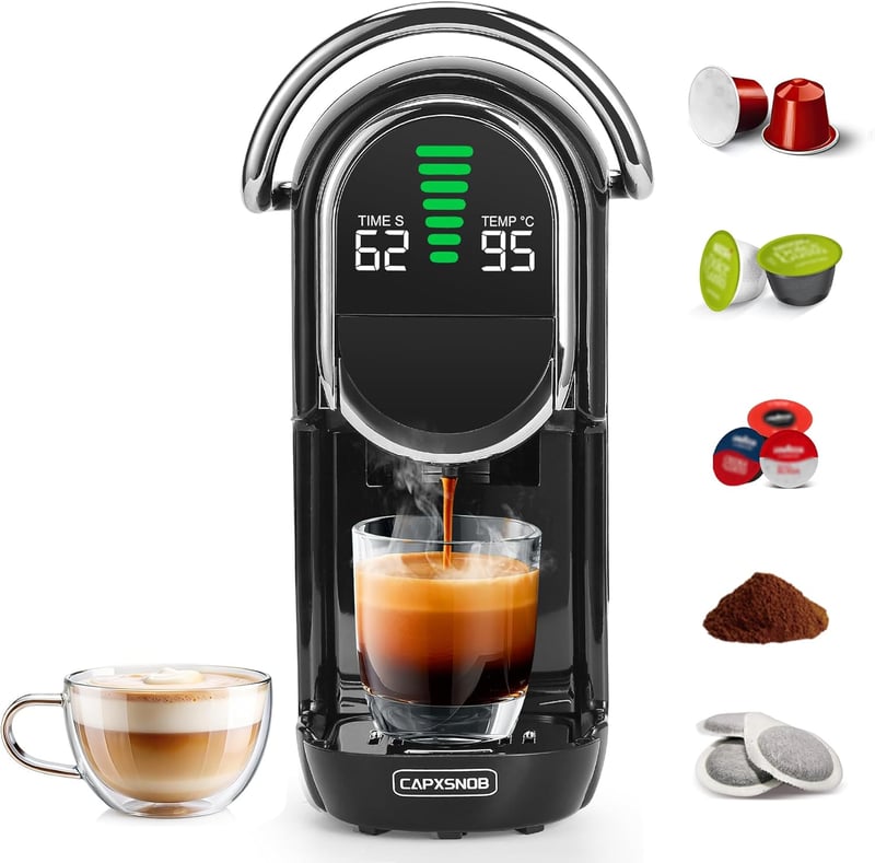 CAPXSNOB Magician1 Mini 5 az 1-ben Kávéfőző - Nespresso, Dolce Gusto, Lavazza Kompatibilis, 20 Bar, LED Kijelző, 7 Vízszint, Kompakt Kapszul - Black