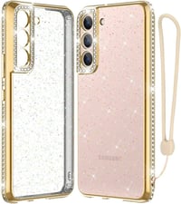 Samsung Galaxy S21 FE átlátszó-arany csillogó tok zsinórral 1