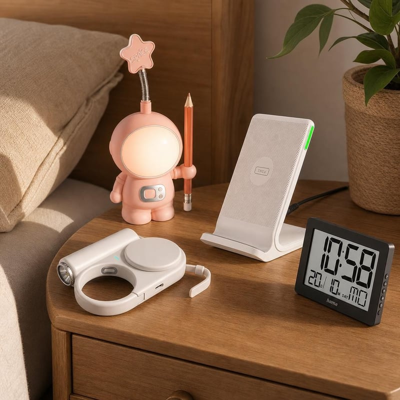 Pachet Noptieră Smart: power bank + încărcător wireless 15W + lampă USB + ceas digital