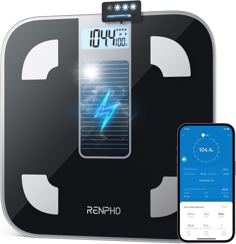 RENPHO Napelemes Bluetooth Okos Testzsírmérleg, 180 kg-ig, Applikációval