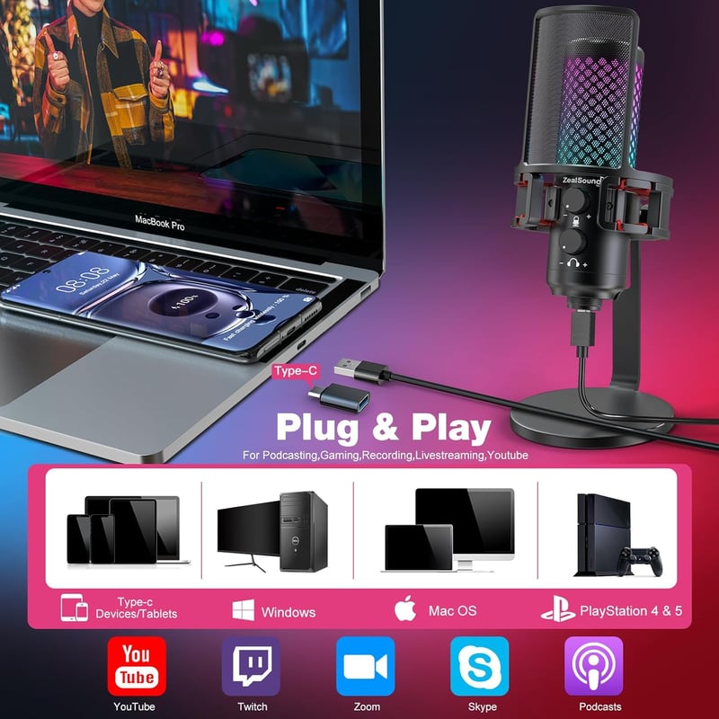 ZealSound RGB USB Gamer Mikrofon PC-hez és Telefonhoz - Streaming és Podcast Felvételekhez