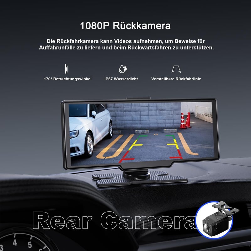 Avylet 9,26" Vezeték Nélküli CarPlay Kijelző 4K Műszerfali Kamerával - Apple CarPlay & Android Auto Támogatás, GPS Navigáció, Tolatókamera