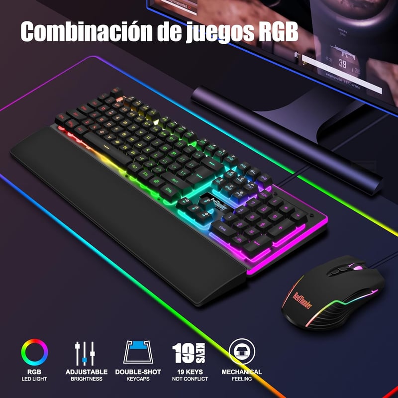 RedThunder K10 3-in-1 Gamer Billentyűzet és Egér Szett Bőr Csuklótámasszal, RGB Háttérvilágítás, Mechanikus Érintés, Spanyol Kiosztás, 7200