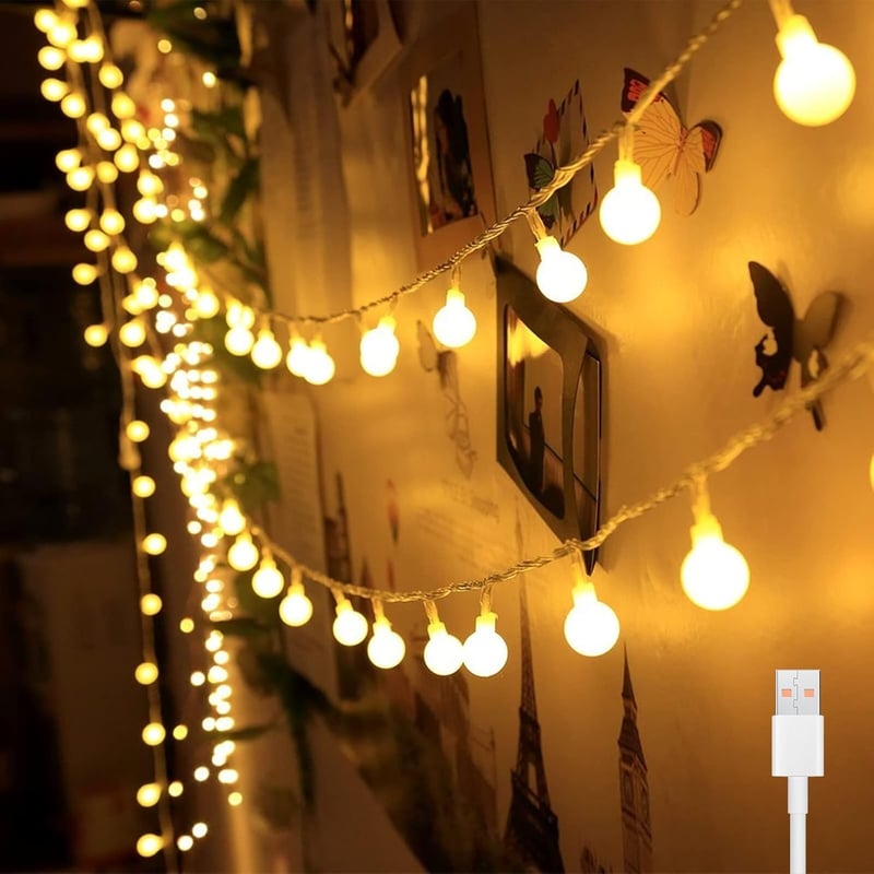 Bigzom USB Gömb Fényfüzér 7m 40 LED Meleg Fehér IP65 Vízálló Beltéri Dekoráció Hálószobába Nappaliba Esküvőre Karácsonyra - 7M-Lichterkette USB