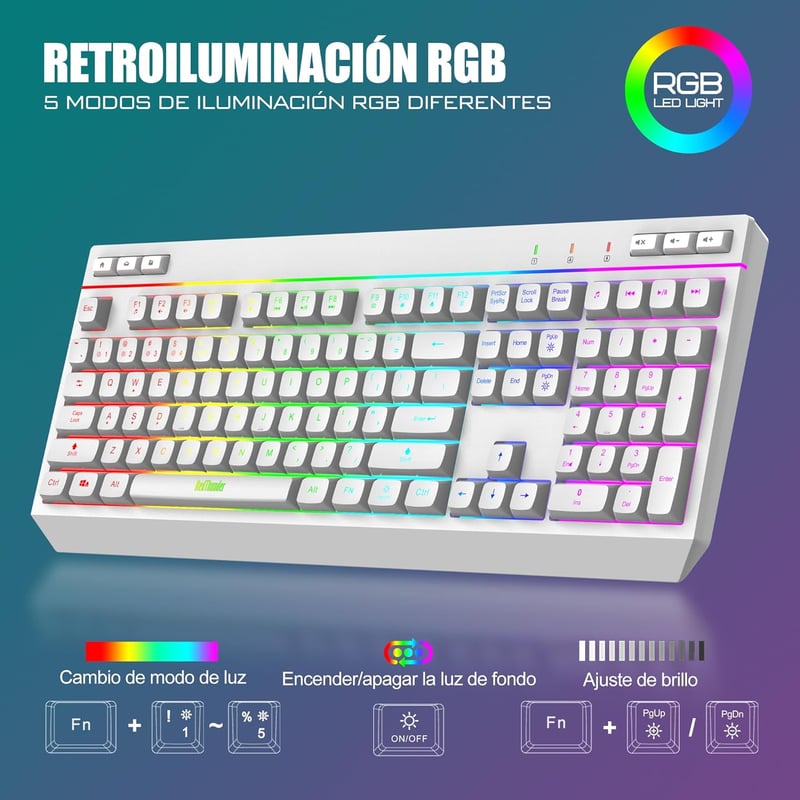 RedThunder K20 Vezeték Nélküli Billentyűzet és Egér Szett - Tölthető, RGB Háttérvilágítás, Multimédia Funkciógombok, 4800 DPI Egér, PC/Mac K