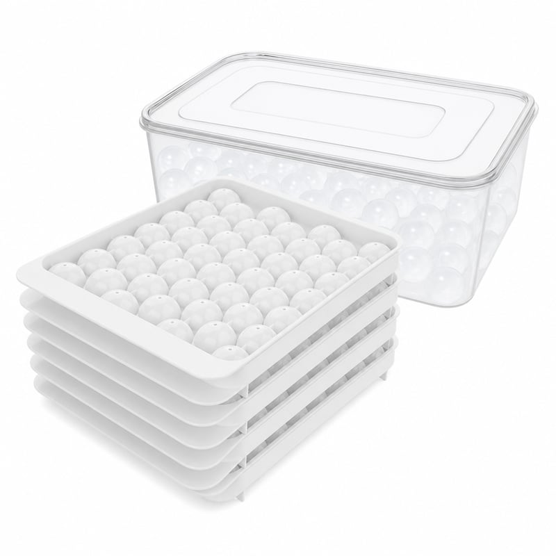 Forma na ľadové kocky Miaowoof s viečkom a nádobou, 2,5 cm okrúhle kocky ľadu, 99 ks, bez BPA — 5 ks zásobníkov na ľad (stav: pozri 2. obrázok)