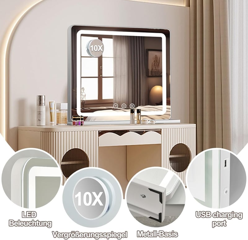 Saimeihome Hollywood Sminktükör LED Világítással - 80x55cm Fehér, 3 Fényárnyalat, 10X Nagyítás, USB, Érintésvezérlés, Asztali vagy Falra Sze