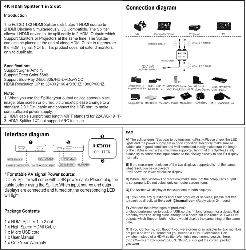 HDMI Splitter 1 bemenet 2 kimenet 4K felbontással, 3.9 láb kábellel - Két monitor egyidejű használatához, Tükrözés funkcióval