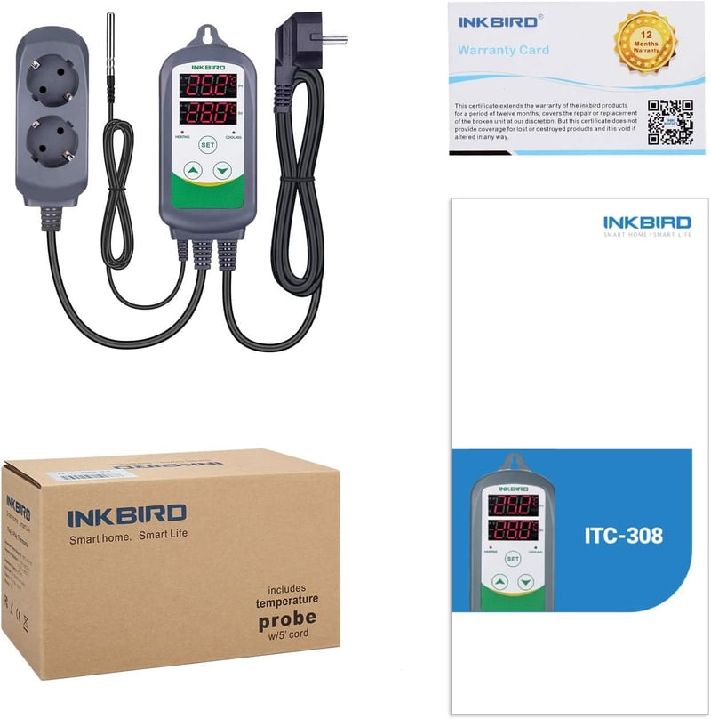 Inkbird ITC-308 Digitális Hőmérséklet Szabályozó Szenzorral, Fűtés-Hűtés Kapcsoló, 230V Termosztát, 2200W Teljesítmény, 2m IP68 Szonda