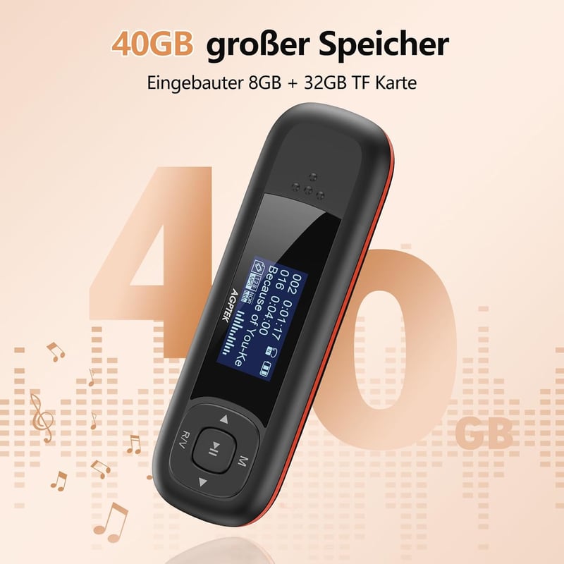 AGPTEK 40GB MP3 Lejátszó USB-vel, FM Rádióval és Felvevővel - Fekete-Piros