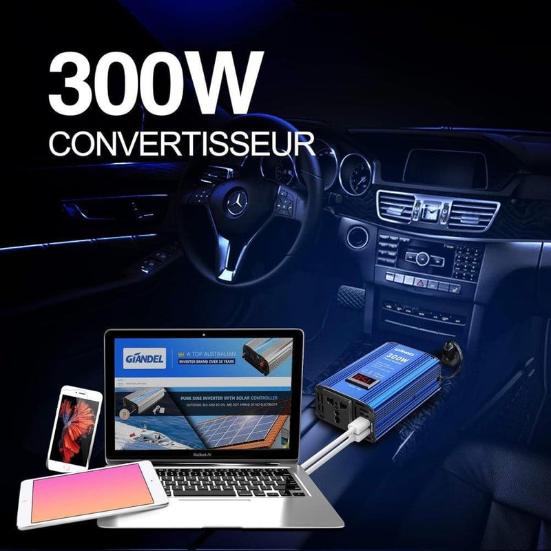 GIANDEL 300W Szivargyújtós Inverter LED Kijelzővel, USB-vel - 12V/220V Autós Áramátalakító