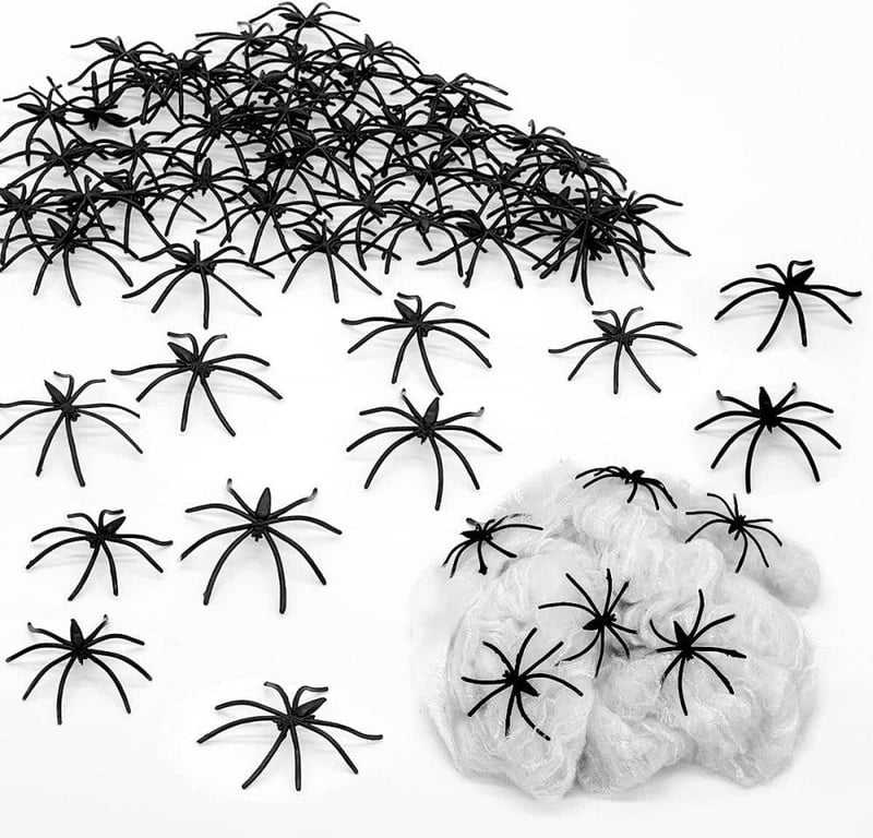 Óriás Halloween Pókháló Szett 100g - 60 Műpókkal, Fekete-Fehér, 27m²