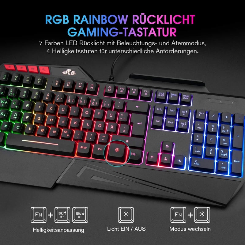 Rii RK202 Gaming Billentyűzet, RGB Háttérvilágítású USB Gamer Klaviatúra 19 Anti-Ghosting Funkcióval, PC/Laptop/PS4/Xbox One Kompatibilis - B086DC4MRL